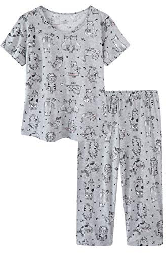 CHUNG Women Cotton Blend Pyjamas Set Short Sleeve Top Capri Pants Plus Size S-3XL Sleepwear Nighties Grey Cat,M
