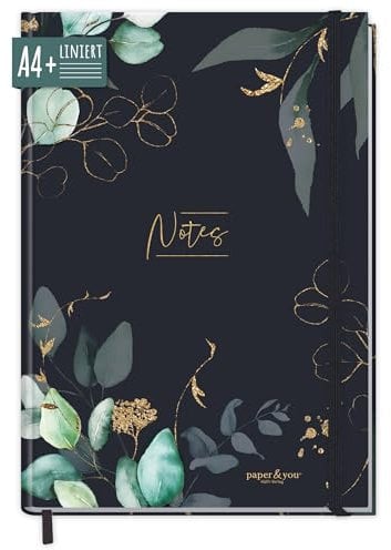 paper&you® Notizbuch liniert A4+ mit Gummiband Mondscheinblüten 156 Seiten, 78 Blatt - liniertes Notebook, Bullet Journal, Skizzenbuch, Tagebuch - nachhaltig & klimafreundlich