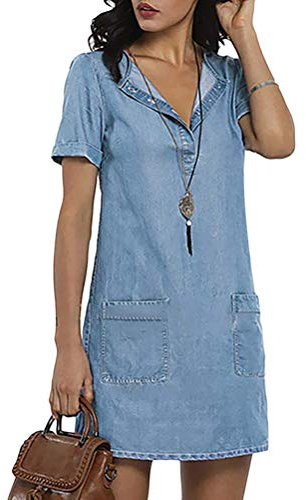 ORANDESIGNE Jeanskleid Sommer Kleid Damen Jeans Kleider V-Ausschnitt Kurzarm Partykleid Tunika Hemd Blusenkleid Knielang Kleid Denimkleid (L, B Blau)