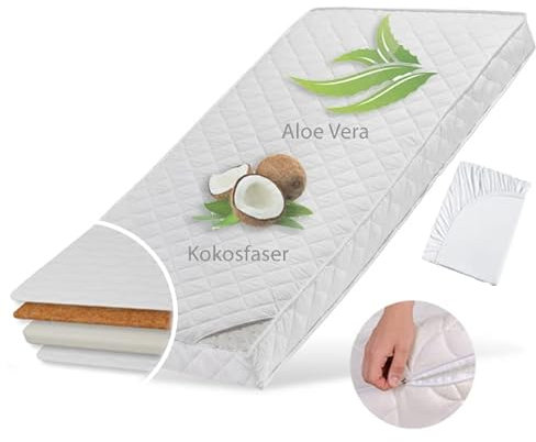 Kindermatratze 80x160 cm KOKOS mit Aloe Vera-Bezug, Spannbettlaken, 10 cm hoch, Babymatratze Kindermatratze 80 x 160 Kokos-Matratze für Babybett oder Kinderbett, bis 60kg