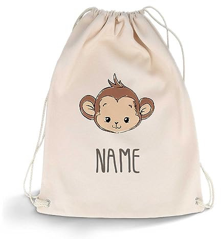 GRAVURZEILE Bedruckter Turnbeutel - Tier mit Wunschnamen - personalisiert mit Namen - Sportbeutel Rucksack Daypack Gymbag mit Kordelzug - für Sport & Freizeit - 12l 33x45 cm - Farbe: Affe
