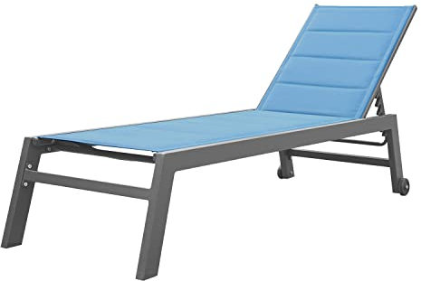 Happy Garden Bain de Soleil Barbados en textilène Bleu Gris et Aluminium Anthracite. Transat d'extérieur Multi Position.