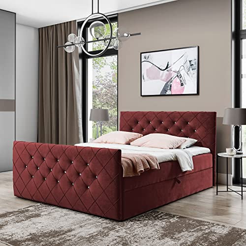 Boxspringbett Doppelbett MONAKO - Bett mit Bonellmatratze, mit Bettkasten für Bettwäsche und Topper. Gepolstertes Kopfteil und Fussteil mit Einer eleganten Steppung verziert (Rotwein, 200x200)