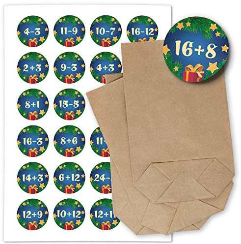 ADVENTSKALENDER SET zum Befüllen - Mathe Aufgaben Rechnen blau - mit 24 Tüten und passenden weihnachtlichen Zahlen Aufklebern für Weihnachten, Advent