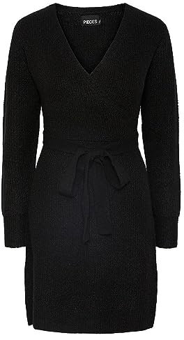 PIECES Damen Pcellen Ls Wrap Knit Dress Noos Bc, Schwarz, M