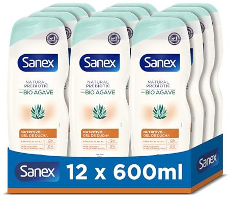 Sanex Natural Prebiotic BIO Agave Nutritivo Gel de Ducha, Pack 12 Uds x 600ml, Gel de Baño Hidratante con Prebiótico Natural de Bio Agave, Nutre la Piel, 12H de Hidratación, 92% de Origen Natural*