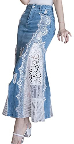 Gonna lunga maxi denim e coda di pesce in pizzo per gonna a vita alta stile sirena da donna, Blu, S