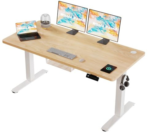 Flamaker Electric Standing Desk ONE PIECE Height Adjustable 73-118cm Heavy-Duty Steel Frame 60kg Weight Capacity Smart Pannel with Anti-Collision Sedentary Reminders,140x60cm,Oak