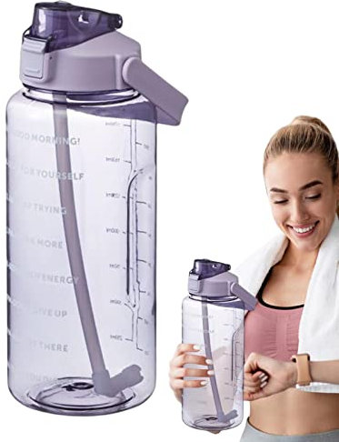 Gourde Sport 2L, Bouteille d'eau de Motivation, Gourde Graduée, avec Marqueur et Paille, Bouteille d'eau étanche avec Marqueur de Temps de Motivation pour la Randonnée Voyage Sports de Plein Fitness