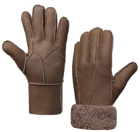 MGGMOKAY Herren Lederhandschuhe Schaffell Shearling Warme Winterhandschuhe,Braun,S