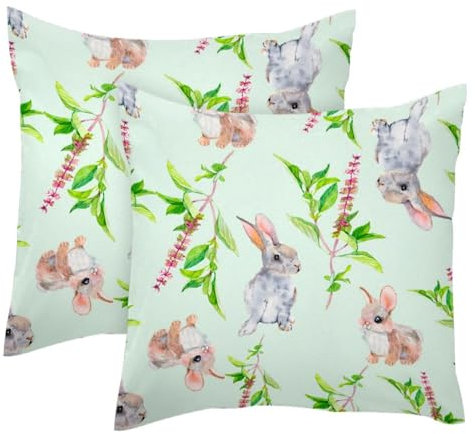 Little Sping Kissenbezug mit Häschen und Pflanzen, weicher Samt, modern, dekorativ, doppelseitig, 50 x 50 cm (Kissen nicht im Lieferumfang enthalten)