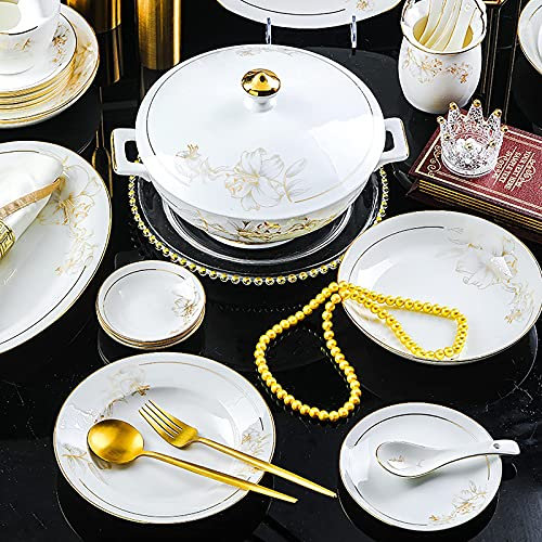 42-tlg. Geschirrset, Porzellan White Bone China Küche Esszimmer Serviergeschirr Service für 6 Personen mit runden Müslischalen Teller Geschirr Suppentopf mit Goldrand Spülmaschinengeeignet Mikrowellen