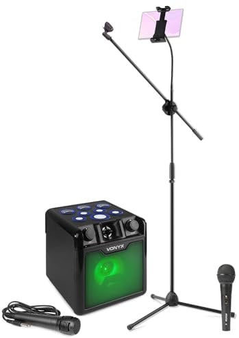 VONYX SBS50B-D Kids Bluetooth Karaoke Machine with 2 Microphones, Tablet Stand, Built-in Drum Pads and LED Party Lights – Wireless Music Streaming Karaoke Speaker Set for Children