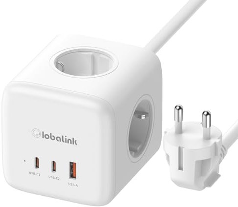 GlobaLink Würfel 65W Steckdosenleiste GaN USB C Ladegerät 6 in 1 Cube Steckdose 3-Fach Steckdose mit Schalter mit 1 USB, 2 Typ-C kompatibel mit MacBook Air/Pro, iPhone 15 Pro Max, Galaxy S23 Ultra