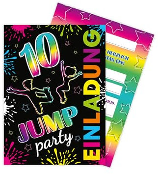 Limonia 12 Einladungskarten zum 10. Geburtstag Motto Jump-Party Trampolin neon Feier Fest Einladung Set Geburtstag Mädchen Kinder Jungs Jungen Boys Teenies