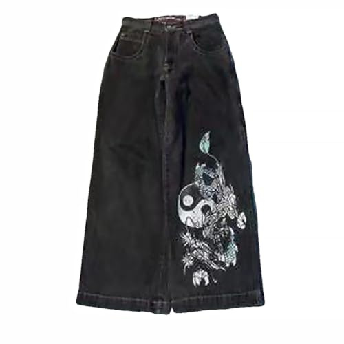 ORANDESIGNE Jeans Y2K Homme Taille Basse Printed Pants Pantalon Unisexe Pantalon Cargo Décontracté Imprimé Hippie Streetwear K Noir XL