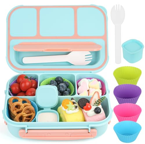 MaMix Bento Box for Kids, Lunch Box Kids, Lunch Containers for Adults,4 Compartment Leak-Proof with Sauce Snack Pot Cutlery (Pastel Blue)