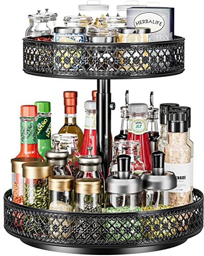 Girevole Portaspezie Organizer Lazy Susan - 2 Livelli 360° Rotanti vassoio in Metallo Portaoggetti Organizzatore floreale 30cm per Dispensa Cucina Mobile Piano di Bagno Frigorifero Tavolo, Nero