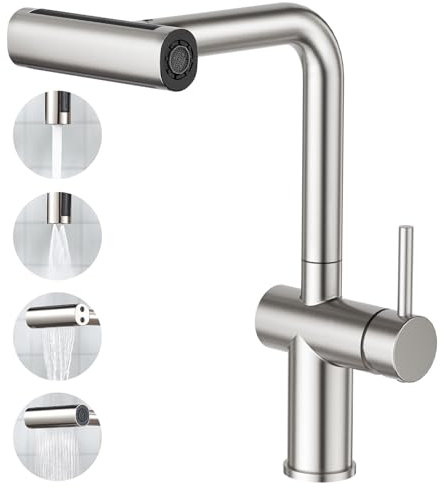 Faustina Küchenarmatur mit 4-Wasserstrahlarten-Brause Ausziehbar, Hochdruck Einhebelmischer Armatur Wasserhahn Küche Wasserfall 360° Drehung, Spültischarmatur Mischbatterie Küche aus Edelstahl