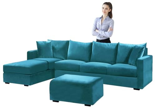 SYLC Samt Couch überzug L Form Sofabezug Ecksofa, Sofa Cover L Shape Stretch Mit Sitzkissen Rückenlehne, Universal Sofaüberwurf Waschbar (Teal,Sofabezug 140-185cm)