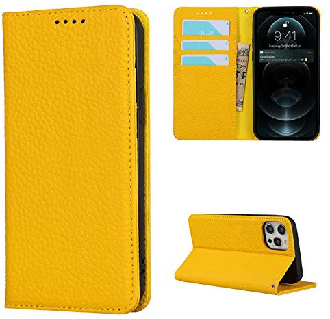 Cavor Phone Case compatible with iPhone 12/12 Pro,Flip Genuine Leather Wallet Case,[4 Card Holders][Magnetic][With Lanyard],Protective Cover Case compatible with iPhone 12/12 Pro - Yellow