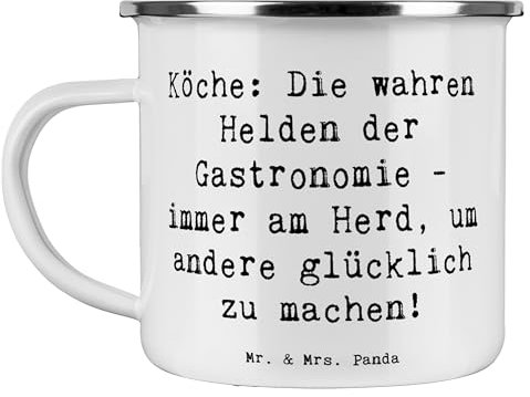 Mr. & Mrs. Panda Camping Emaille Tasse Spruch Köche: Die wahren Helden der Gastronomie - immer am Herd, um andere glücklich zu machen! - Geschenk,