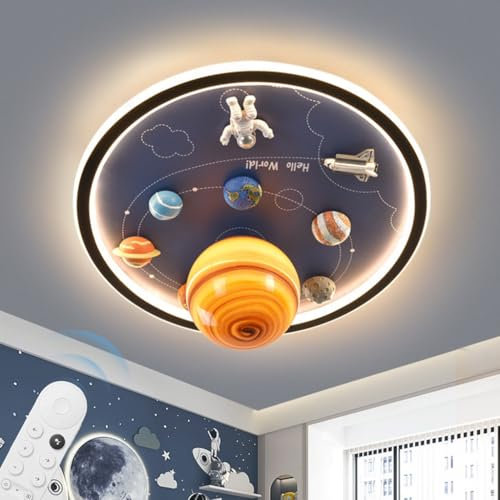 YUPIN Moderne Runde LED Deckenleuchte Planet Astronaut Deckenlampe Kinderzimmer Dekoration Unendlich Dimmbar Mit Fernbedienung Für Kinderzimmer Schlafzimmer Kinderzimmer Wohnzimmer(groß)