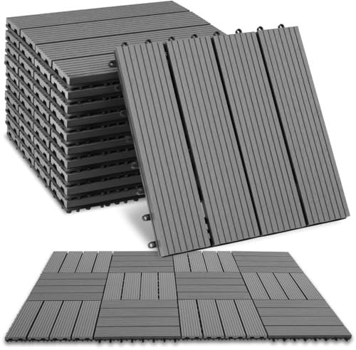 tectake® WPC Holzfliesen, Holzoptik Fliesen wetterfest, Bodenbelag für Wintergarten, Bodenfliesen, Balkonboden, Boden Trittsteine Garten, Terrassenfliesen mit Klicksystem, Drainage - 11er Set/grau