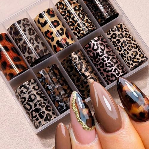 Auiremrti 10 Stück Nagelkunstfolien mit Leopardenmuster Transferaufkleber,Nagelfolien mit Leoparden Schlangenmuster,Selbstklebende Abziehbilder,Nagelkunstzubehör