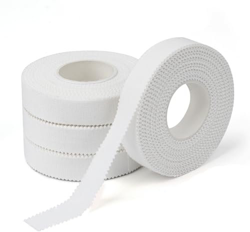 4 Rouleaux Strap Sport, Tape pour Doigt avec Adhésif extra Fort, Déchirable Tape Sportive, Blanc Ruban Adhésif pour Doigts, Chevilles, Poignets, l'Escalade, Musculation (1,25cm*10m)