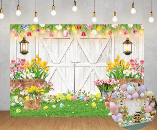 Happy Easter Backdrop Spring White Barn Door Bunny Floral Colorful Eggs Photography Background Kids Children Family Garden Easter Party Bridal Wedding Decorations (7x5FT)