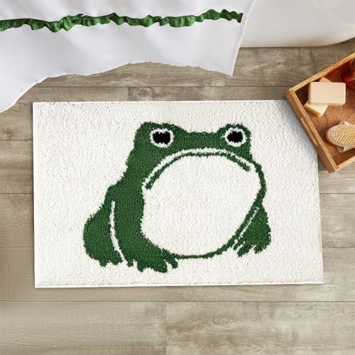 RoomTalks Unbeeindruckter Frosch-Badematte in Grün, rutschfest, waschbar, niedlich, lustig, Vintage-Badteppich, Mikrofaser, zottelig, weich, saugfähig, für Badezimmer, Dusche, Bodenmatte, japanisches