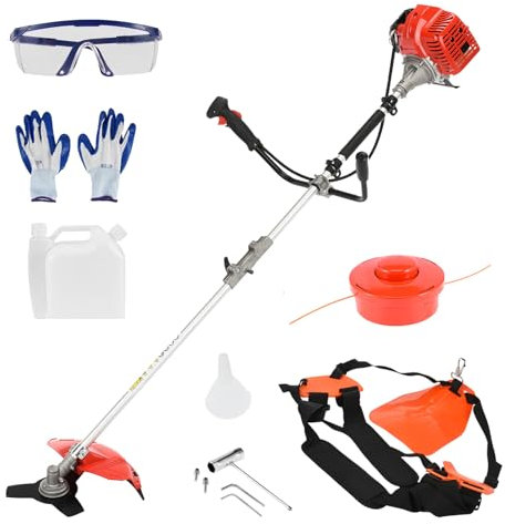 52cc Benzin Motorsense, leistungsstarker 2-Takt Freischneider mit Trimmerkopf und 3-Zahn-Messer, Unkrautschneider für Gartenarbeit, 2-in-1 Rasentrimmer und Heckenschere, ergonomischer (Orange)