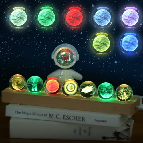 OXYEFEI 3D Planeten Lampe,7 Verschiedene Muster von Kristallkugel Nachtlicht für die Raumdekoration 40mm Glas Kugel mit Holzsockel Astronomie Geschenk für Mutter, Kinder, Freundin