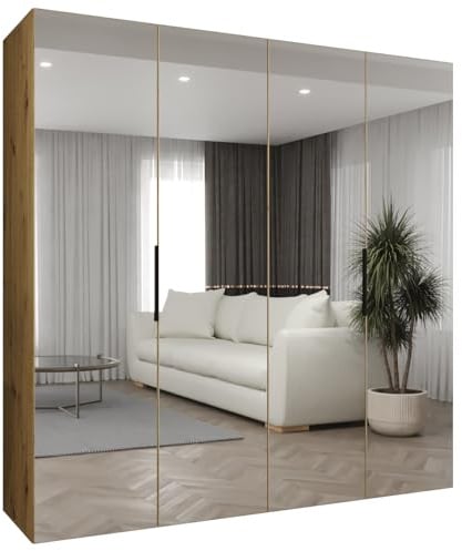 MEBLE KRYSPOL - Kleiderschrank mit Spiegel - Drehtürenschrank - Schrank 200x202x52cm - Garderobenschrank Schlafzimmer, Flur, Jugendzimmer - Farbe Artisan Eiche, Griff Schwarz - Marbella 3 200