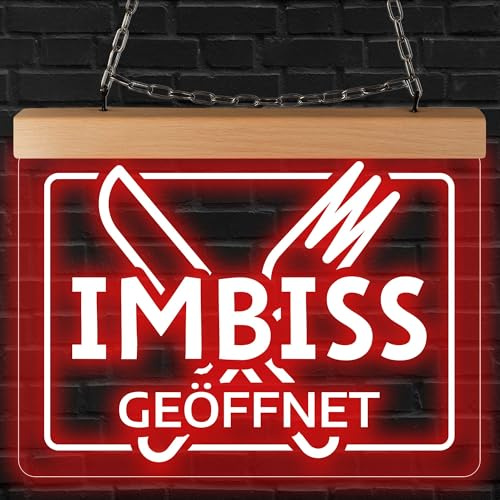 INDIGOS UG - LED Lampen - Leuchtschild - Imbiss geöffnet - graviert - 26x20 cm zum Hängen an Wand oder Scheibe - LED Schild beleuchtet für Büro Laden Praxis Studio Schaufenster Empfang Werbung innen
