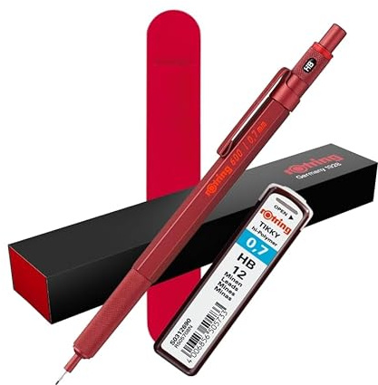 rOtring 600 Druckbleistift Set - Rot | 0,7 mm nachfüllbarer Metallstift + 2 × HB Minen Pack + rotes Samtetui | gerändelter Griff | Zeichen- & Schreibwerkzeug für Profis