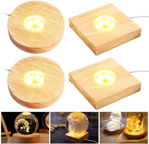 mizikuu 4 Stück LED Holzsockel, Buntes Lichtsockel Runde und Quadratisch Leuchtsockel LED Basisständer Beleuchteter Displayfuß Holz Kristallständer für Kristallkugeln, Acryl, Glas und Harz