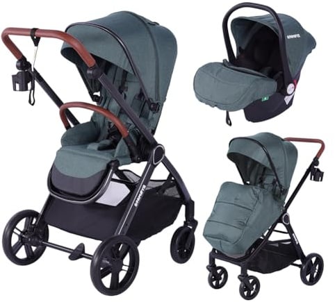 Barmøya 3-in-1 Kombi-Kinderwagen Komplettset mit Babywanne, Buggy & Babyschale – höhenverstellbar, faltbar, schwenkbare Räder, Federung & umfangreichem Zubehör (Grün)