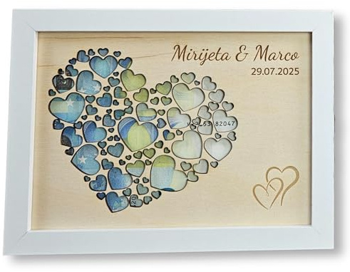 mamir home Geldgeschenk Hochzeit personalisiert | Hochzeitsgeschenk mit Namen & Datum | Geldverpackung im Bilderrahmen aus Birkenholz | Geschenk für das Brautpaar (17x22cm)