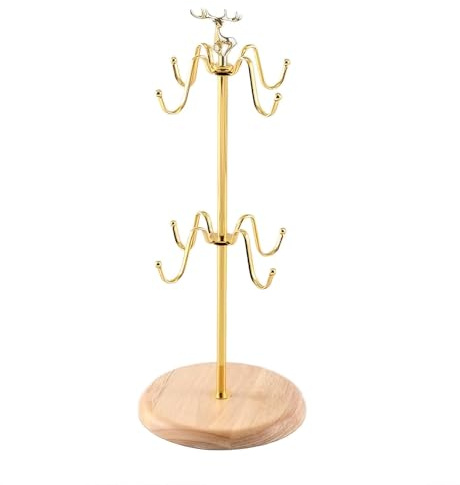 Cup Stand with 8 Hooks, Standing Coffee Mug, Tree Cups, Elk Head Design Metal Cup Holder for Kitchen, Coffee Bar, Gold