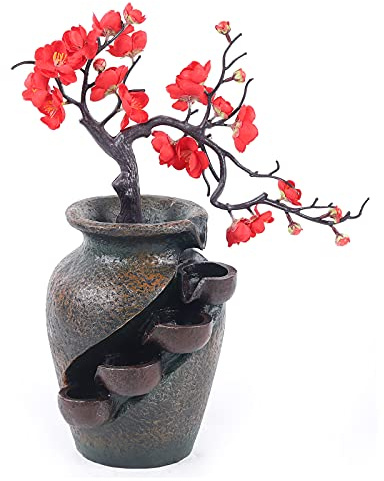 Vase Zimmerbrunnen, Wasser Springbrunnen Wasserfall Tischbrunnen Kaskadenbrunnen mit Pflaumenblüte für Wohnzimmer, Büros, Arbeitszimmer, Esszimmer, Teestuben 30 × 18 × 40 cm (F)