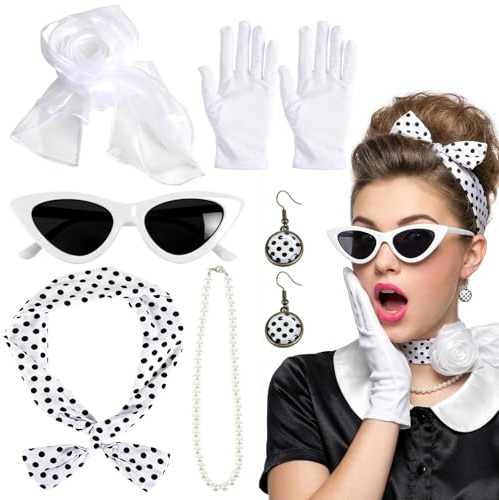 iewrtcin 50er Jahre Outfit Damen Rockabilly Accessoires 1950s Kostüm Set | mit Chiffon Schal Handschuhe Sonnenbrille Polka Dot Bandana Ohrring Halskette Damen Rockabilly Zubehör für Cosplay Masquerade