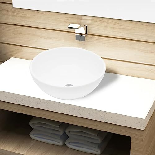 Mangloder Lavabo rond en céramique, blanc, 325 x 140 mm, lavabo à poser pour salle de bain, WC d'invités, lavabo et toilettes avec trou de vidange de 4,5 cm, surface facile d'entretien