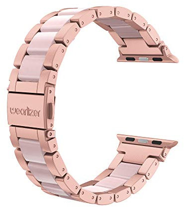 Wearlizer for Apple Watch Strap 38mm 40mm 41mm 42mm, Stainless Steel Resin iWatch Straps Replacement Band Wristband for iWatch SE Series 10 9 8 7 6 5 4 3 2 1- Rose Gold + Pearl