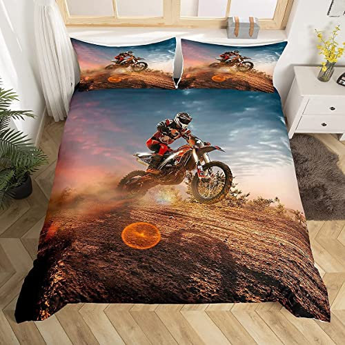 Loussiesd Motorcycle Duvet Cover Extreme Sports Theme Decor Single Bedding Duvet Cover Motocross Boys bedding for Adult Kids Teens Boys 2 Pieces Bedding Set Sport Fans Motorbikes Quilt Cover