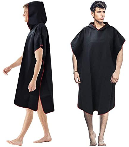 BUZIFU Handtuch Poncho Badetuch Mikrofaser Badeponcho Surfponcho 88 * 100cm Kapuzenhandtuch Erwachsene Surf Handtuch Kapuze Poncho Schwarz Umziehhilfe Strand Frottee für Herren Damen Schwimmen