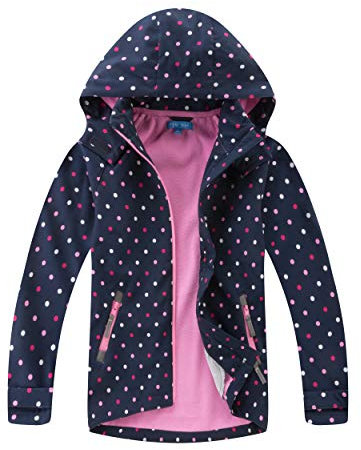 Natashas Veste de transition imperméable pour enfant - Doublure en polaire chaude et respirante - Coupe-vent - Veste de randonnée Softshell - Veste d'extérieur avec capuche, Bleu foncé/rose, 128 cm