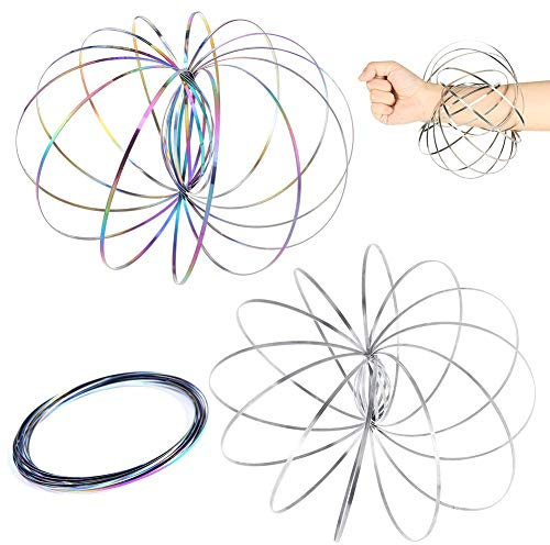 REYOK 2 Stück Flow Ring,Ring Regenbogen- Wunderbares Magisches Spielzeug - 3D ARM Slinky - Wissenschaft, Zirkus, Magic Anti Stress Toy für Erwachsene Kinder(Silber + Farbe)