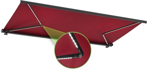 empasa Elektrische Vollkassettenmarkise Profi mit LED Beleuchtung Markise | Kassettenmarkise Gelenkarmmarkise Sonnenschutz mit Fernbedienung, komplett vormontiert, Farbe:weinrot, Größe:400 x 300 cm